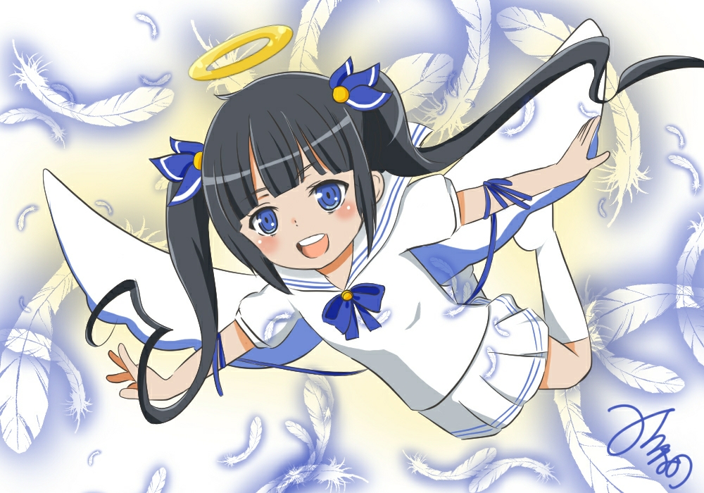 1girl alternate_costume angel angel_wings bell black_hair blue_eyes blush bow bowtie chibi cute dungeon_ni_deai_wo_motomeru_no_wa_machigatteiru_darou_ka feather flying hair_ribbon halo hestia_(danmachi) j.c._staff long_hair mitsumame_(pixiv_id_16404789) rei_no_himo ribbon school_uniform softbank_creative solo square_enix tokyo_mx twintails