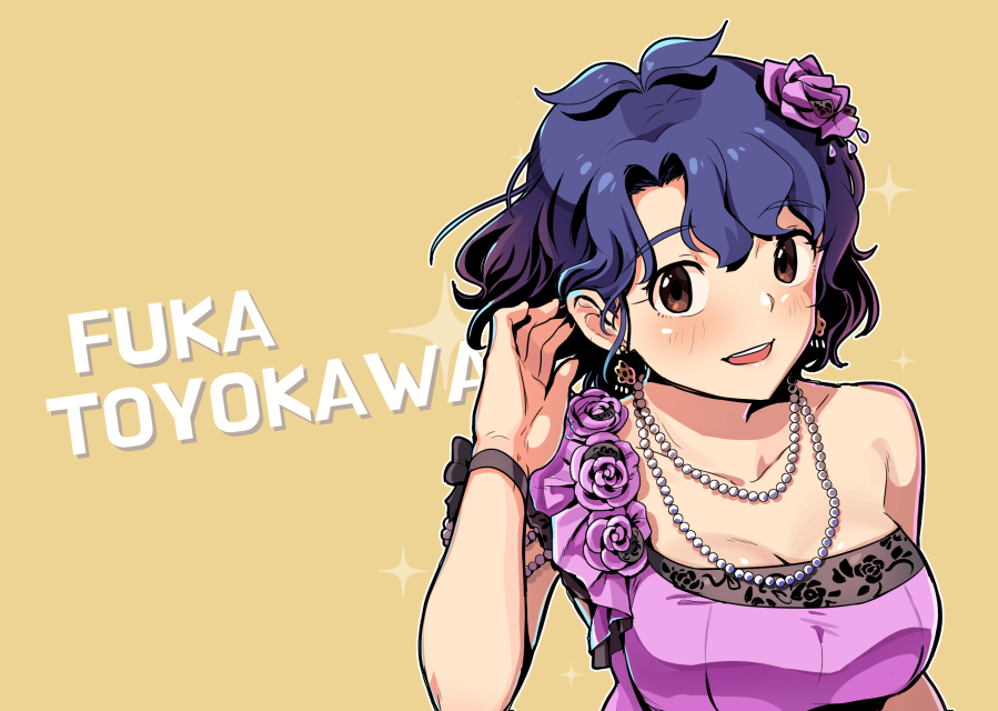 1girl blue_hair blush breasts brown_eyes character_name cleavage collarbone dress earrings eyebrows_visible_through_hair flower hair_flower hair_ornament idolmaster idolmaster_million_live! idolmaster_million_live!_theater_days jewelry kamille_(vcx68) large_breasts looking_at_viewer necklace open_mouth purple_dress short_hair smile solo teeth toyokawa_fuuka upper_body wavy_hair