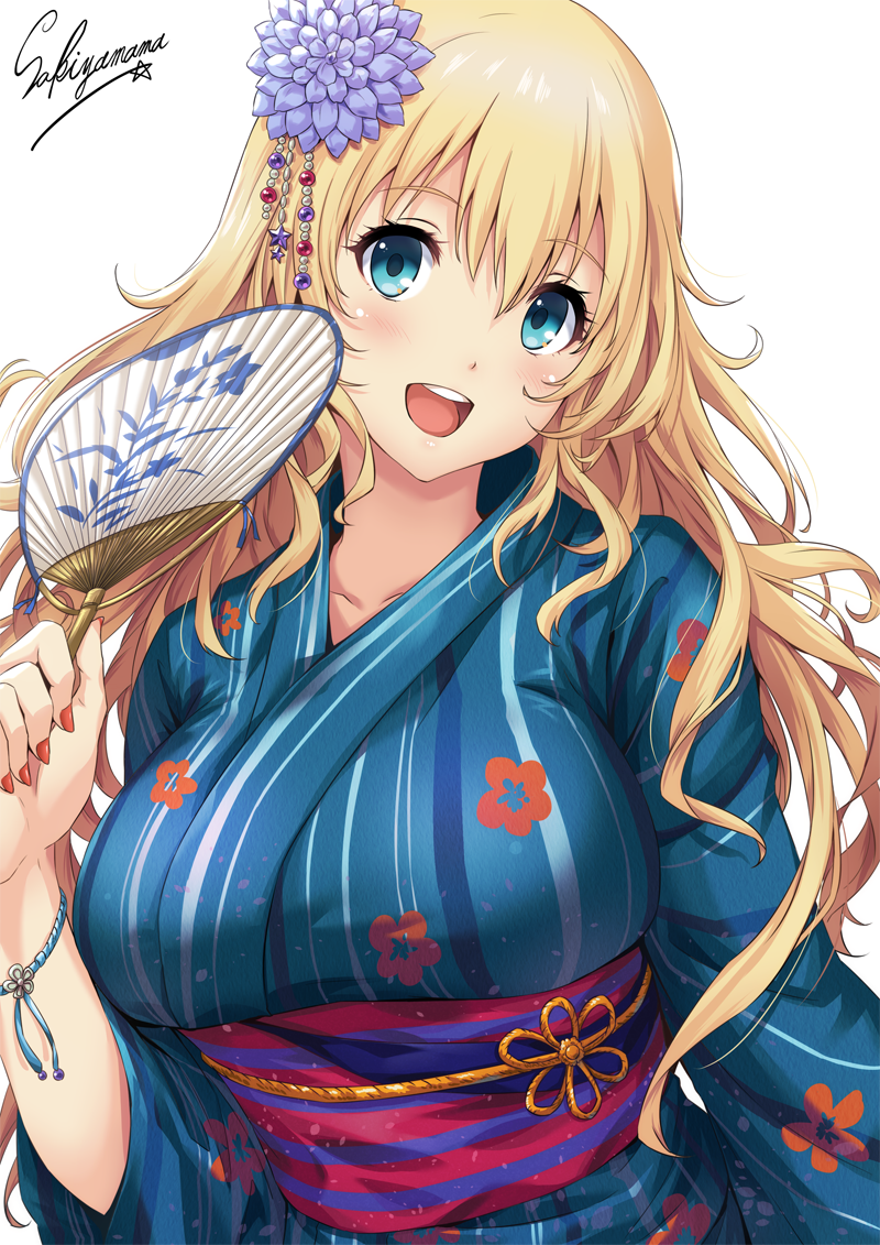 1girl :d artist_name atago_(kantai_collection) blonde_hair blue_eyes blue_kimono blush breasts collarbone fan floral_print flower hair_flower hair_ornament japanese_clothes kantai_collection kimono large_breasts long_hair looking_at_viewer nail_polish obi open_mouth outdoors paper_fan red_nails sakiyamama sash simple_background smile solo white_background wide_sleeves yukata