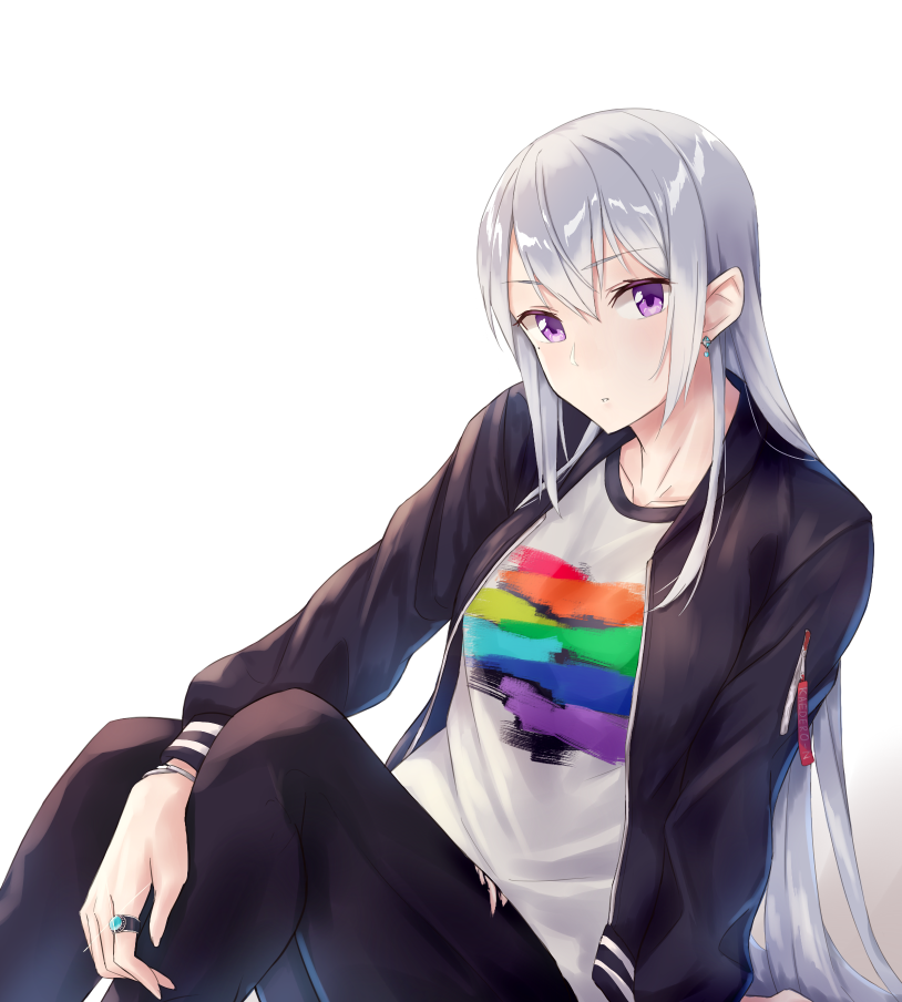 1girl arm_support collarbone earrings expressionless higuchi_kaede hiiragii_(hiiragi_0404) jacket jewelry long_hair looking_at_viewer mole mole_under_eye nijisanji pants ring shirt silver_hair t-shirt torn_clothes torn_pants violet_eyes virtual_youtuber white_background