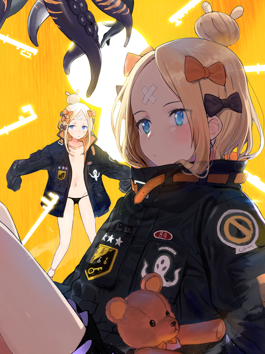 1girl :o abigail_williams_(fate/grand_order) bangs black_bow black_jacket black_panties blonde_hair blue_eyes blush bow closed_mouth collarbone commentary_request fate/grand_order fate_(series) groin hair_bow hair_bun highres jacket key long_hair long_sleeves looking_at_viewer multiple_views naisho_na_zuku_doori navel object_hug open_clothes open_jacket orange_bow panties parted_bangs parted_lips polka_dot polka_dot_bow sitting sleeves_past_fingers sleeves_past_wrists standing stuffed_animal stuffed_toy suction_cups teddy_bear tentacle underwear