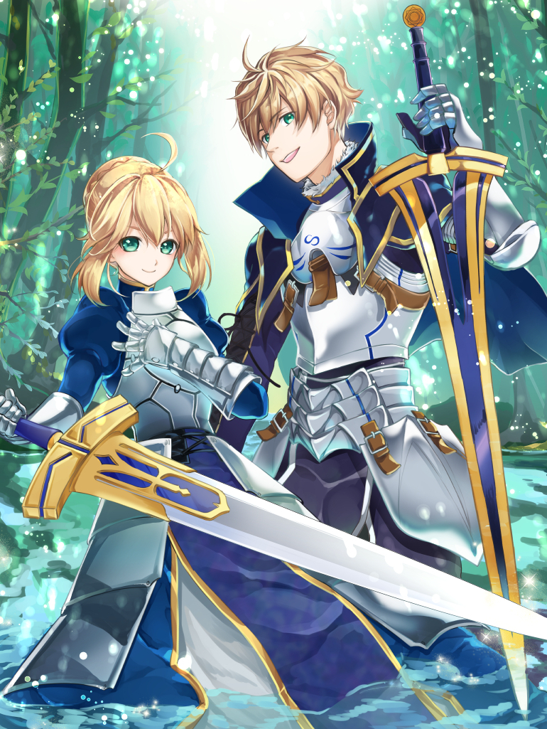 1boy 1girl :d ahoge annojou_haruto armor armored_dress arthur_pendragon_(fate) artoria_pendragon_(all) blonde_hair blue_cape cape day excalibur excalibur_(fate/prototype) eyebrows_visible_through_hair fate/prototype fate_(series) forest gauntlets green_eyes hair_between_eyes holding holding_sword holding_weapon looking_at_viewer nature open_mouth outdoors saber sidelocks smile standing sword tied_hair wading weapon