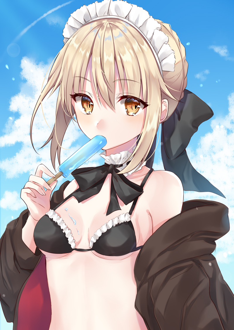 1girl bangs bare_shoulders bikini black_bikini black_bow black_ribbon blonde_hair blue_sky blush bow braid breasts breasts_apart brown_eyes clouds commentary condensation_trail day eating eyebrows_visible_through_hair fate/grand_order fate_(series) food food_on_breasts frilled_bikini frills hair_bow holding holding_food jeanne_d'arc_(swimsuit_archer) long_sleeves looking_at_viewer maid_headdress nazuna_shizuku neck_garter neck_ribbon off_shoulder open_clothes outdoors popsicle ribbon shiny shiny_hair short_hair sidelocks sky small_breasts solo string_bikini swimsuit upper_body