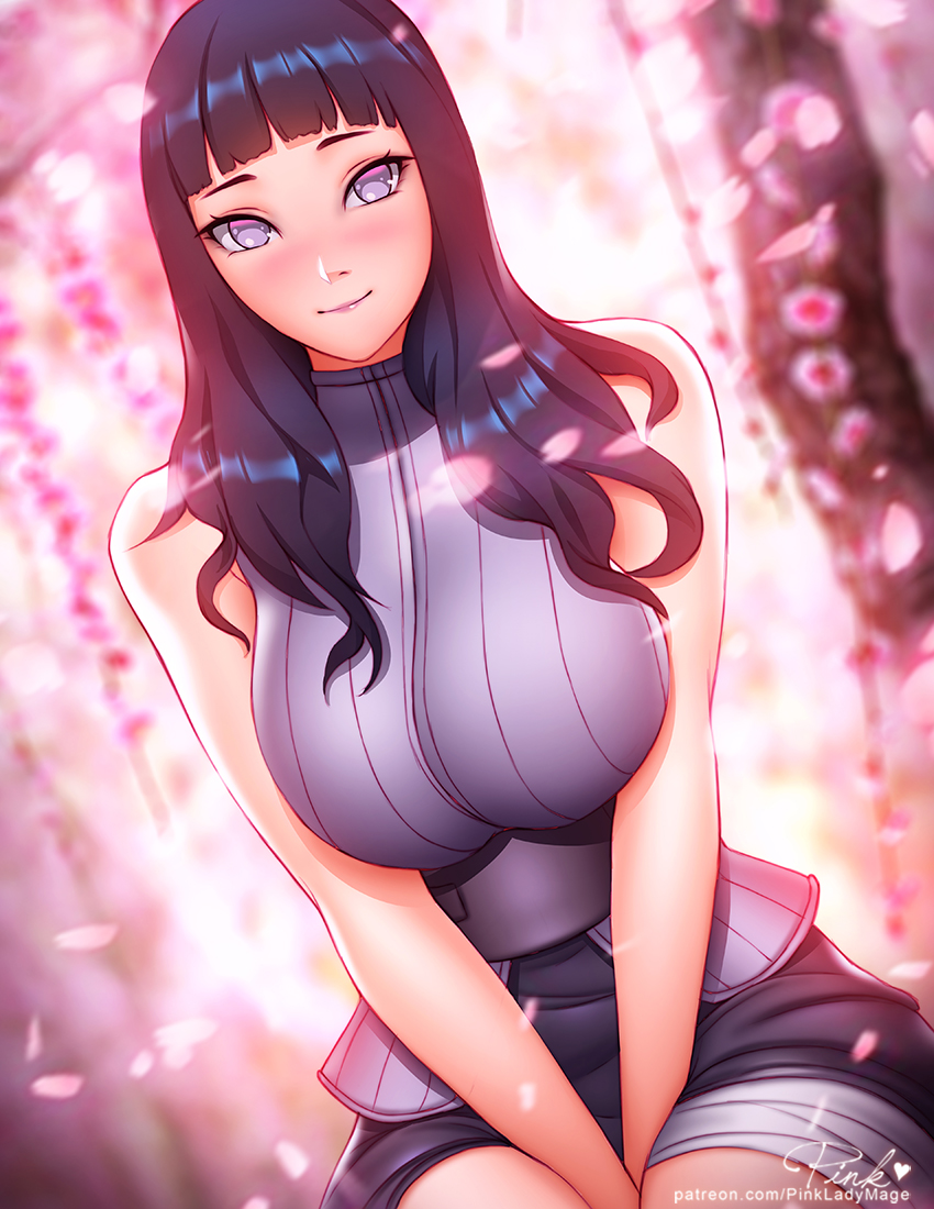 1girl bangs between_legs black_hair blunt_bangs blurry blurry_background blush breasts commentary english_commentary hand_between_legs hyuuga_hinata large_breasts long_hair looking_at_viewer naruto naruto_(series) no_pupils patreon_username pink_lady_mage simple_background sleeveless smile solo v_arms violet_eyes