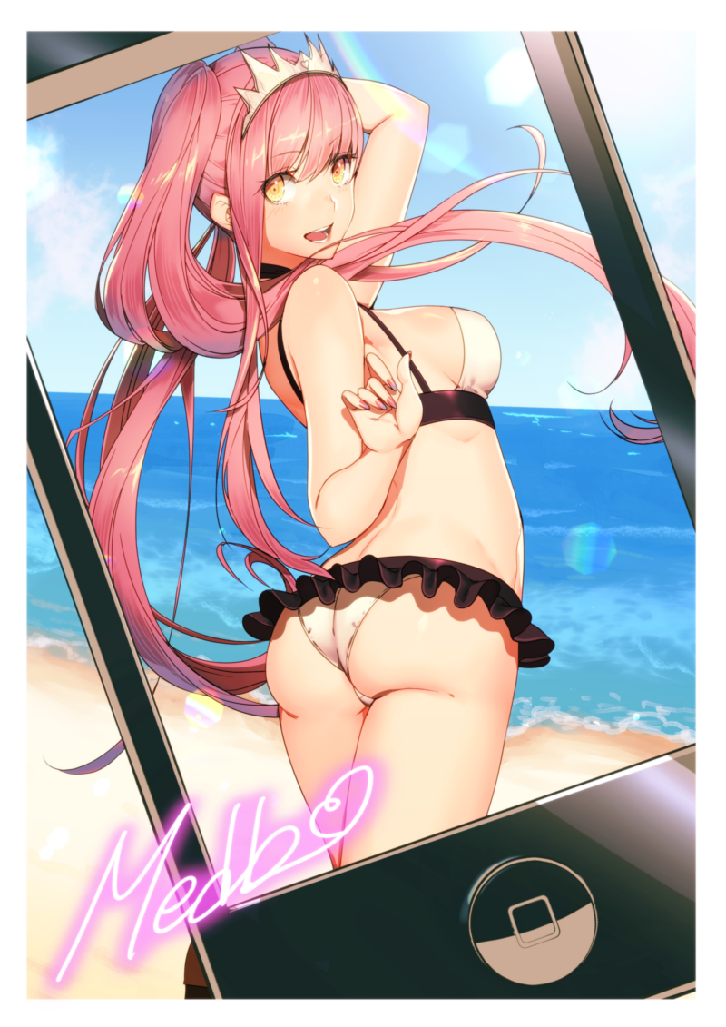 1girl apple_inc. ass bare_shoulders beach bikini breasts cellphone cleavage crown day domco fate/grand_order fate_(series) headband iphone long_hair medb_(fate/grand_order) medb_(swimsuit_saber)_(fate) miniskirt ocean open_mouth phone selfie_pose skirt smartphone swimsuit twintails white_swimsuit
