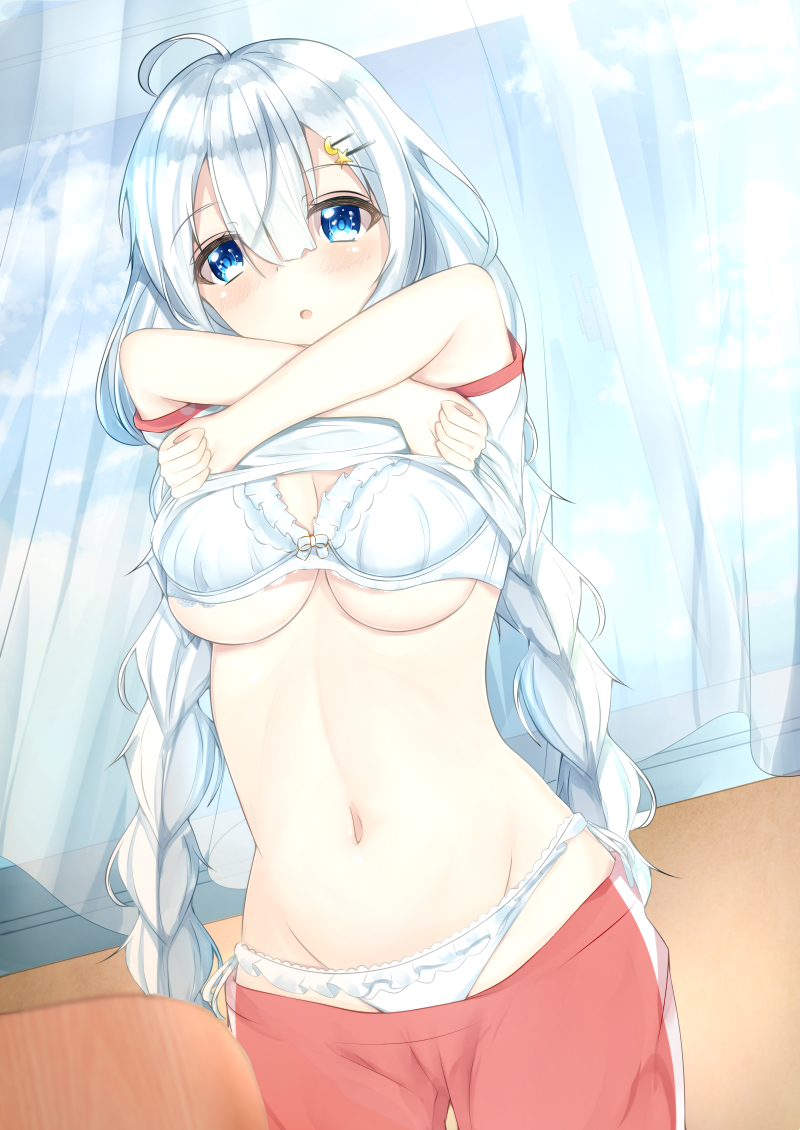 1girl :o ahoge aties20 blue_eyes blush bow bow_bra bra bra_lift braid breasts chair commentary crescent crescent_hair_ornament curtains dutch_angle eyebrows_visible_through_hair frilled_bra frilled_panties frills gym_shirt gym_shorts hair_ornament hairclip indoors kizuna_akari lace lace-trimmed_panties long_hair looking_at_viewer medium_breasts navel panties red_shorts school_chair shirt shirt_lift short_sleeves shorts shorts_pull silver_hair single_vertical_stripe solo standing star star_hair_ornament t-shirt twin_braids underwear undressing very_long_hair vocaloid voiceroid white_bra white_panties window