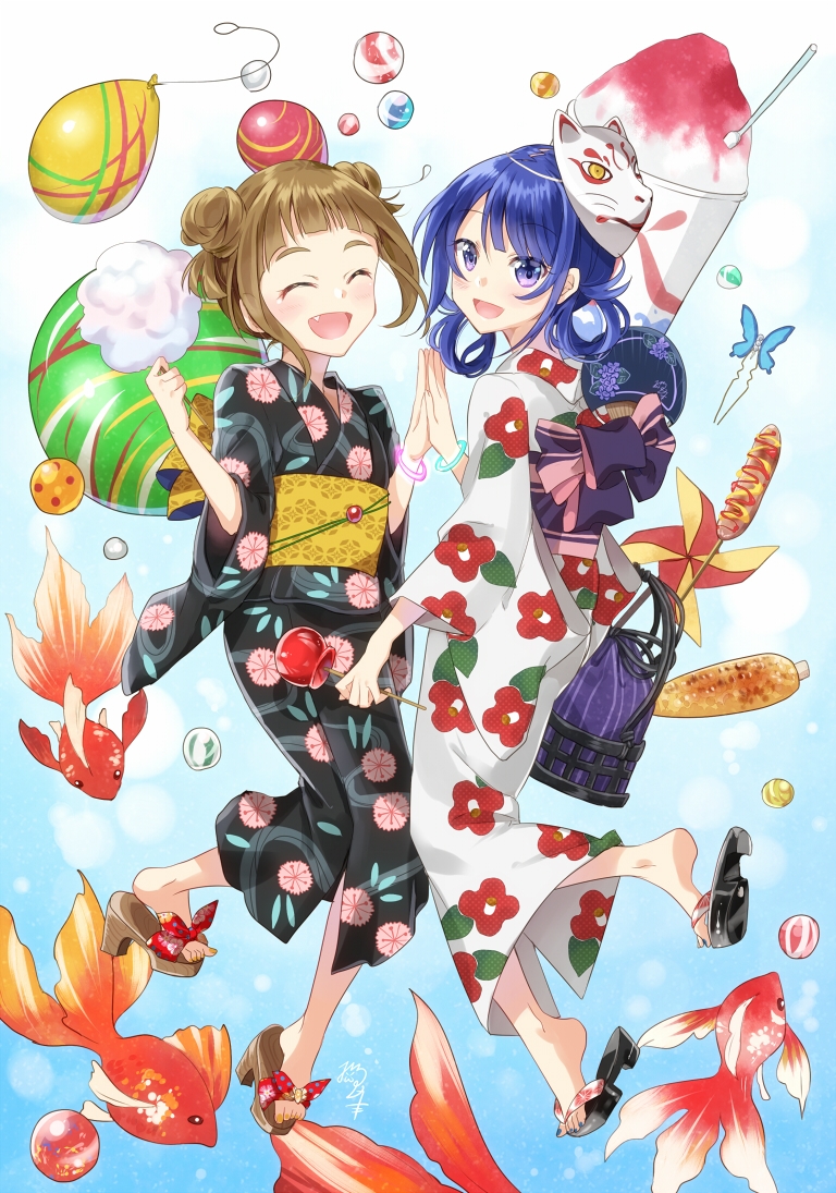 2girls :d ^_^ basket black_kimono blue_hair blue_nails bracelet candy_apple closed_eyes closed_eyes commentary_request cotton_candy double_bun fan fang fish floral_print food fox_mask goldfish hair_rings high_five holding holding_food japanese_clothes jewelry kimono looking_at_viewer mask mask_on_head multiple_girls nail_polish nekozuki_yuki obi open_mouth original paper_fan sandals sash shaved_ice shoe_dangle sidelocks smile toenail_polish uchiwa violet_eyes water_yoyo white_kimono wide_sleeves yellow_nails yukata