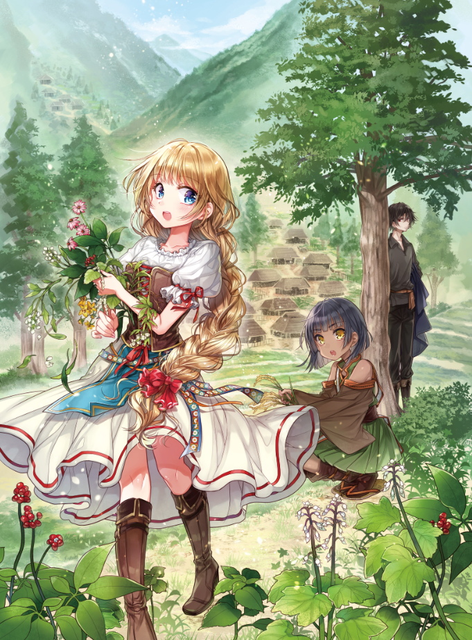 1boy 2girls :o black_hair black_pants blonde_hair blue_sky boots brown_footwear corset day dress flower grass green_skirt house knee_boots looking_at_another looking_at_viewer mountain multiple_girls official_art outdoors pants short_sleeves skirt sky squatting tree white_dress yukiko_(tesseract)