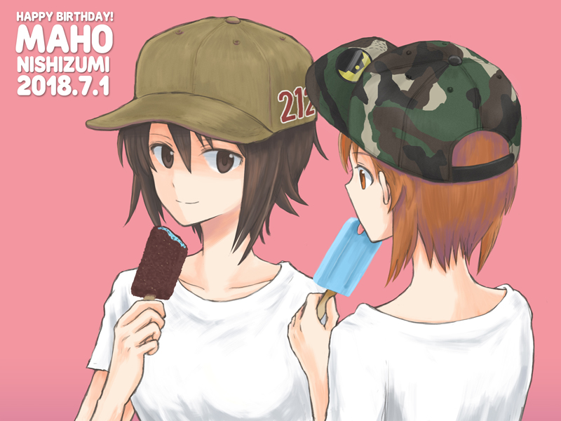 2girls bangs baseball_cap brown_eyes brown_hair brown_hat camouflage_hat casual character_name closed_mouth commentary dated emblem english eyebrows_visible_through_hair food from_behind girls_und_panzer green_hat happy_birthday hat holding holding_food japanese_tankery_league_(emblem) looking_at_another looking_at_viewer multiple_girls mutsu_(layergreen) nishizumi_maho nishizumi_miho number popsicle shirt short_hair short_sleeves siblings simple_background sisters smile standing t-shirt white_shirt
