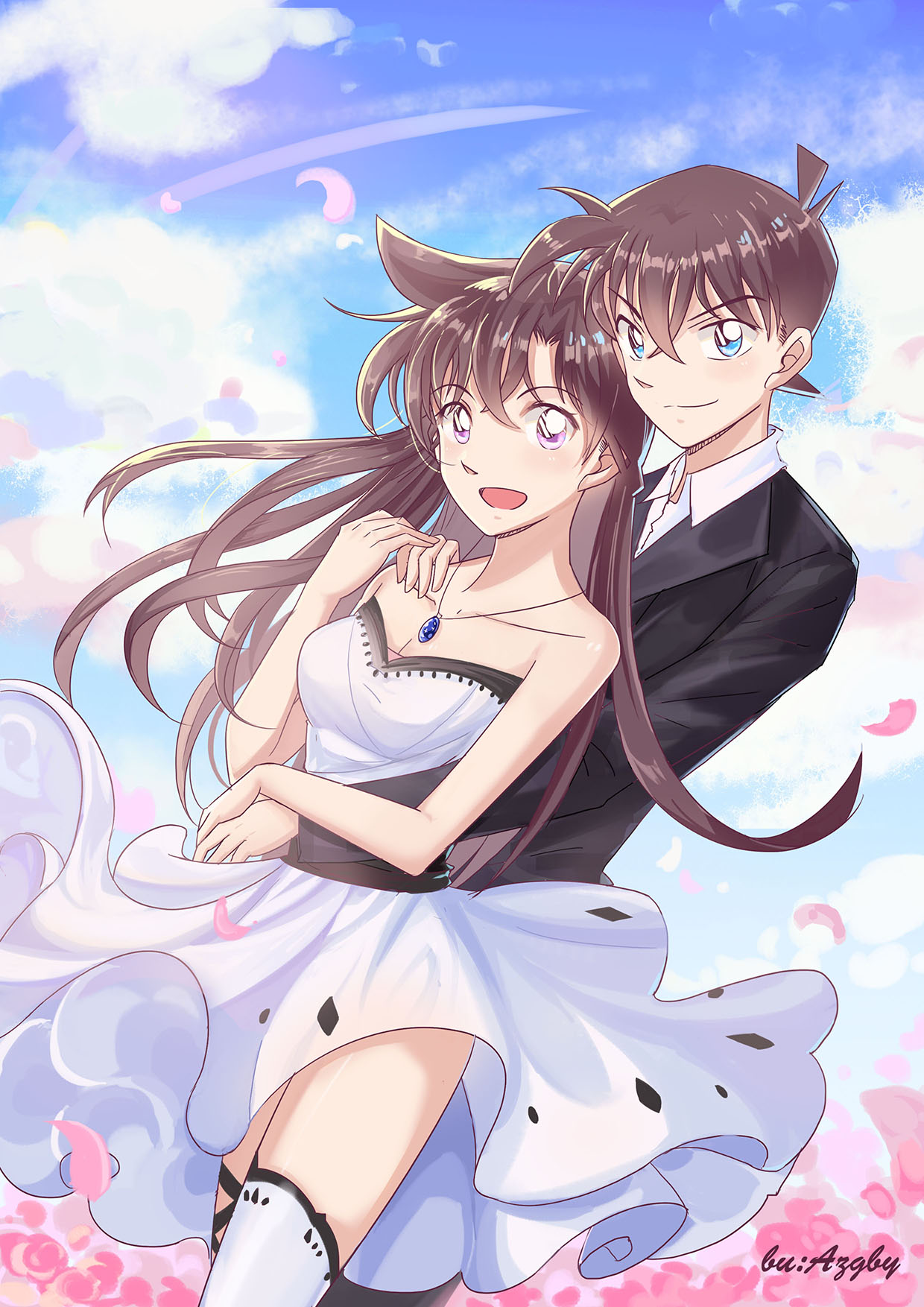 1boy 1girl :d azgby blue_eyes breasts brown_hair cleavage collarbone couple day dress dutch_angle eyebrows_visible_through_hair floating_hair flower hair_between_eyes hand_on_another's_shoulder highres jewelry kudou_shin'ichi long_hair looking_at_viewer medium_breasts meitantei_conan mouri_ran necklace open_mouth outdoors petals pink_eyes pink_flower sleeveless sleeveless_dress smile standing strapless strapless_dress thigh-highs very_long_hair white_dress white_legwear