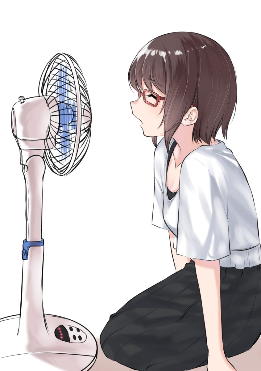 1girl afterimage arm_support bangs black_skirt breasts brown_hair closed_eyes collarbone commentary_request electric_fan eyebrows_visible_through_hair glasses highres long_skirt open_mouth original pleated_skirt red-framed_eyewear shirt short_sleeves sitting skirt small_breasts solo white_shirt yuki_arare