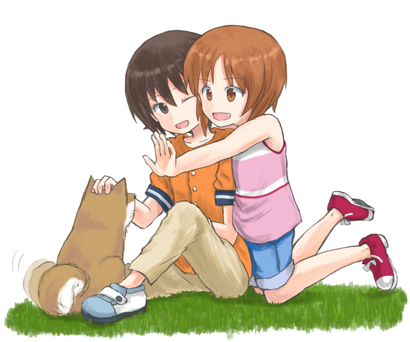 2girls :d ;d afterimage bangs blue_shorts brown_eyes brown_hair brown_pants commentary_request dog eyebrows_visible_through_hair girls_und_panzer grass kneeling looking_at_another looking_back motion_lines multiple_girls mutsu_(layergreen) nishizumi_maho nishizumi_miho one_eye_closed open_mouth orange_shirt pants petting pink_shirt purple_footwear shiba_inu shirt shoes short_hair short_sleeves shorts siblings sisters sitting smile tank_top white_background white_footwear younger