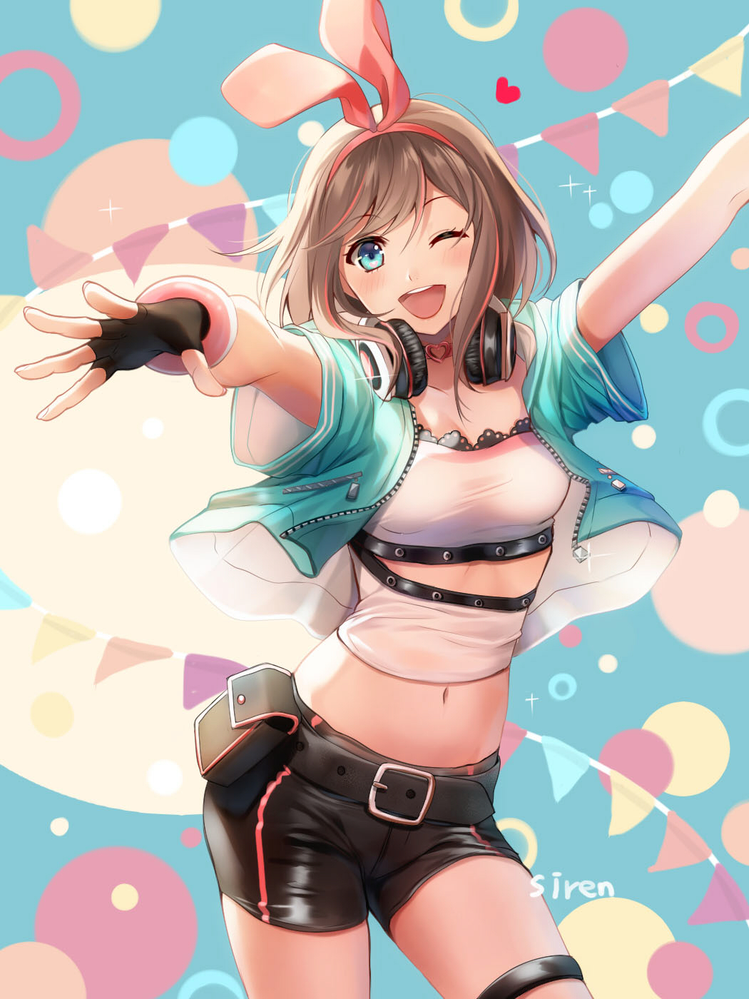 1girl a.i._channel alternate_hairstyle artist_name belt breasts brown_hair cowboy_shot fingerless_gloves gloves hairband headphones headphones_around_neck highres jacket kizuna_ai looking_at_viewer medium_breasts midriff multicolored_hair navel one_eye_closed open_mouth outstretched_arms pink_hair short_hair short_shorts short_sleeves shorts signature siren_(artist) smile solo strapless tubetop virtual_youtuber