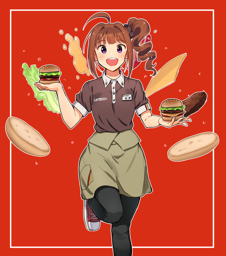 1girl black_pants blush brown_hair brown_shirt collared_shirt drill_hair eyebrows_visible_through_hair food hamburger holding holding_food idolmaster idolmaster_million_live! idolmaster_million_live!_theater_days kamille_(vcx68) looking_at_viewer lotteria open_mouth pants scrunchie shirt shoes short_hair short_sleeves side_drill smile sneakers solo teeth violet_eyes yokoyama_nao