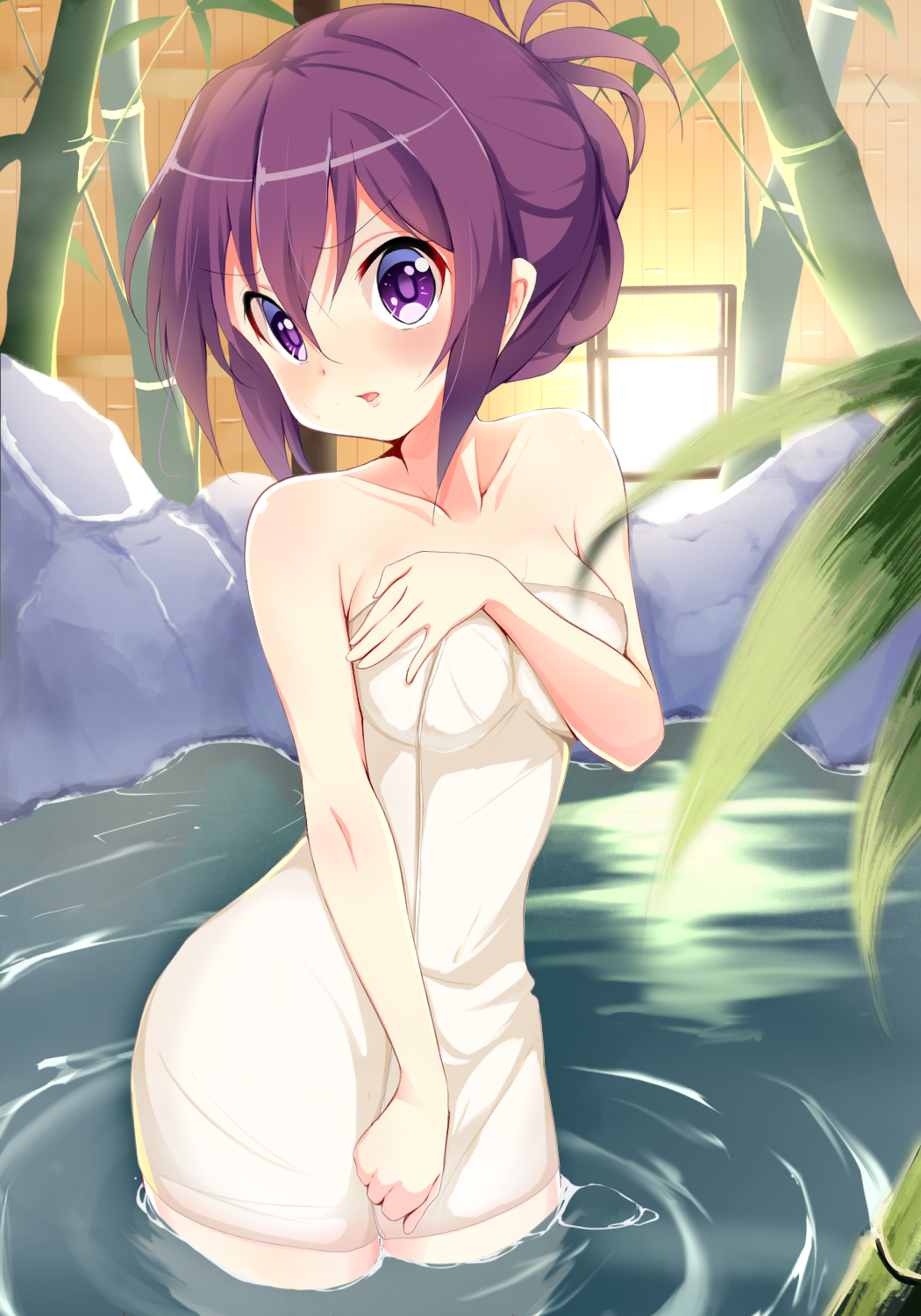 1girl bamboo bangs blurry blurry_foreground blush breasts clenched_hand commentary covering covering_breasts cowboy_shot depth_of_field eyebrows_visible_through_hair gochuumon_wa_usagi_desu_ka? hair_up head_tilt highres lantern light_frown looking_at_viewer medium_breasts naked_towel onsen parted_lips pix_mloof rock short_hair solo standing tedeza_rize tied_hair towel towel_tug wading white_towel wooden_wall