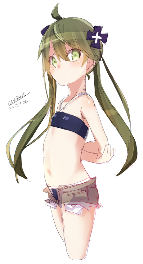 1girl ahoge arms_behind_back bandeau bangs bare_arms bare_shoulders bikini bikini_under_clothes blue_bikini blush brown_shorts closed_mouth cropped_legs dated eyebrows_visible_through_hair green_eyes green_hair hair_between_eyes hair_ornament halter_top halterneck long_hair looking_at_viewer maze_(gochama_ze_gohan) original short_shorts shorts signature simple_background sketch solo standing swimsuit twintails very_long_hair white_background