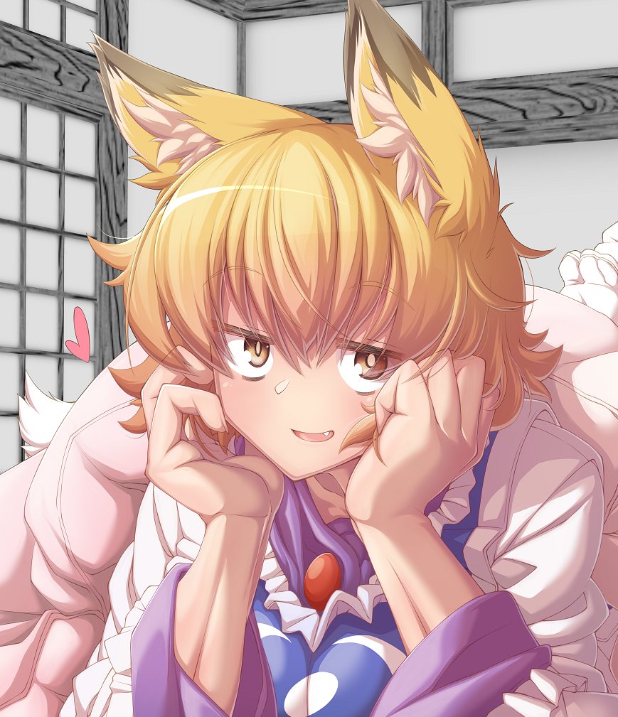 1girl animal_ears blonde_hair blush breasts eyebrows_visible_through_hair fox_ears fox_tail frills long_hair looking_at_viewer no_hat no_headwear open_mouth short_hair smile solo tabard tail touhou wide_sleeves yakumo_ran yellow_eyes zawa_(zawzawranran2)