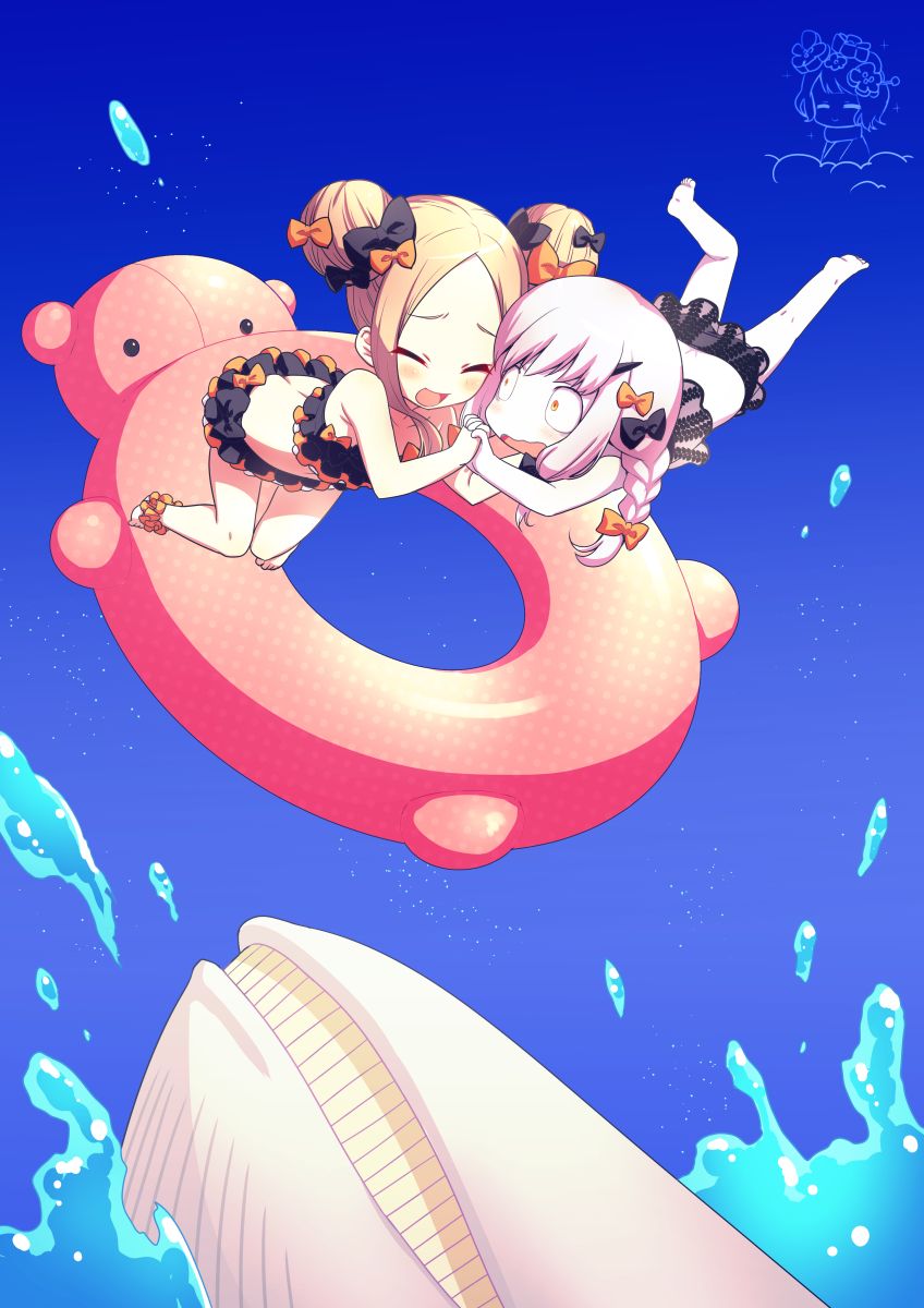 2girls :d abigail_williams_(fate/grand_order) animal bangs barefoot bikini black_bikini black_bow blonde_hair blue_sky blush bow braid bug chibi closed_eyes commentary_request day double_bun emerald_float fate/grand_order fate_(series) forehead hair_bow highres horn innertube insect inset katsushika_hokusai_(fate/grand_order) lavinia_whateley_(fate/grand_order) makishima_azusa multiple_girls open_mouth orange_bow orange_eyes outdoors parted_bangs polka_dot polka_dot_innertube side_bun silver_hair sky smile swimsuit water wavy_mouth whale wide-eyed