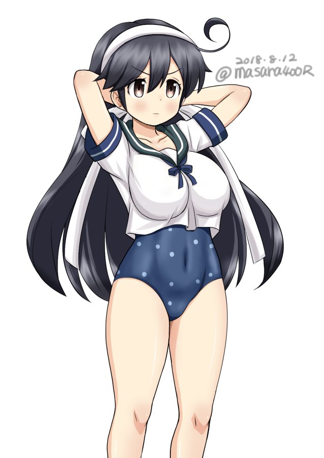 1girl ahoge black_hair blue_swimsuit breasts brown_eyes dated feet_out_of_frame hairband kantai_collection large_breasts long_hair masara_(masalucky2010) one-piece_swimsuit polka_dot polka_dot_swimsuit sailor_collar sailor_shirt school_uniform serafuku shirt simple_background solo swimsuit swimsuit_under_clothes twitter_username ushio_(kantai_collection) white_background white_hairband