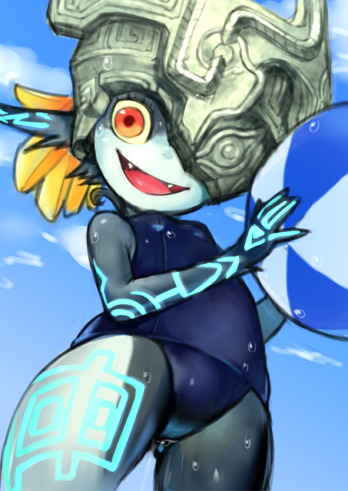 :d ball beachball black_skin blue_skin helmet imp midna multicolored multicolored_skin old_school_swimsuit one_eye_covered open_mouth pointy_ears school_swimsuit smile swimsuit the_legend_of_zelda the_legend_of_zelda:_twilight_princess two-tone_skin yellow_sclera