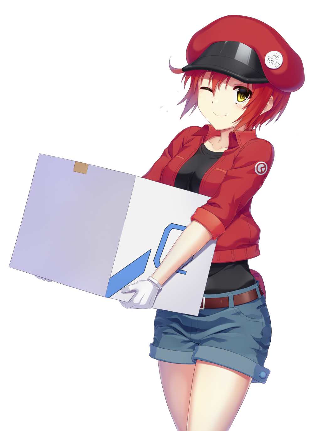 ae-3803 ahoge belt beret black_shirt box breasts carrying cowboy_shot denim denim_shorts gloves hat hataraku_saibou highres jacket medium_breasts name_tag one_eye_closed red_blood_cell_(hataraku_saibou) red_jacket redhead seirei911 shirt short_hair short_shorts shorts simple_background smile white_background white_gloves yellow_eyes