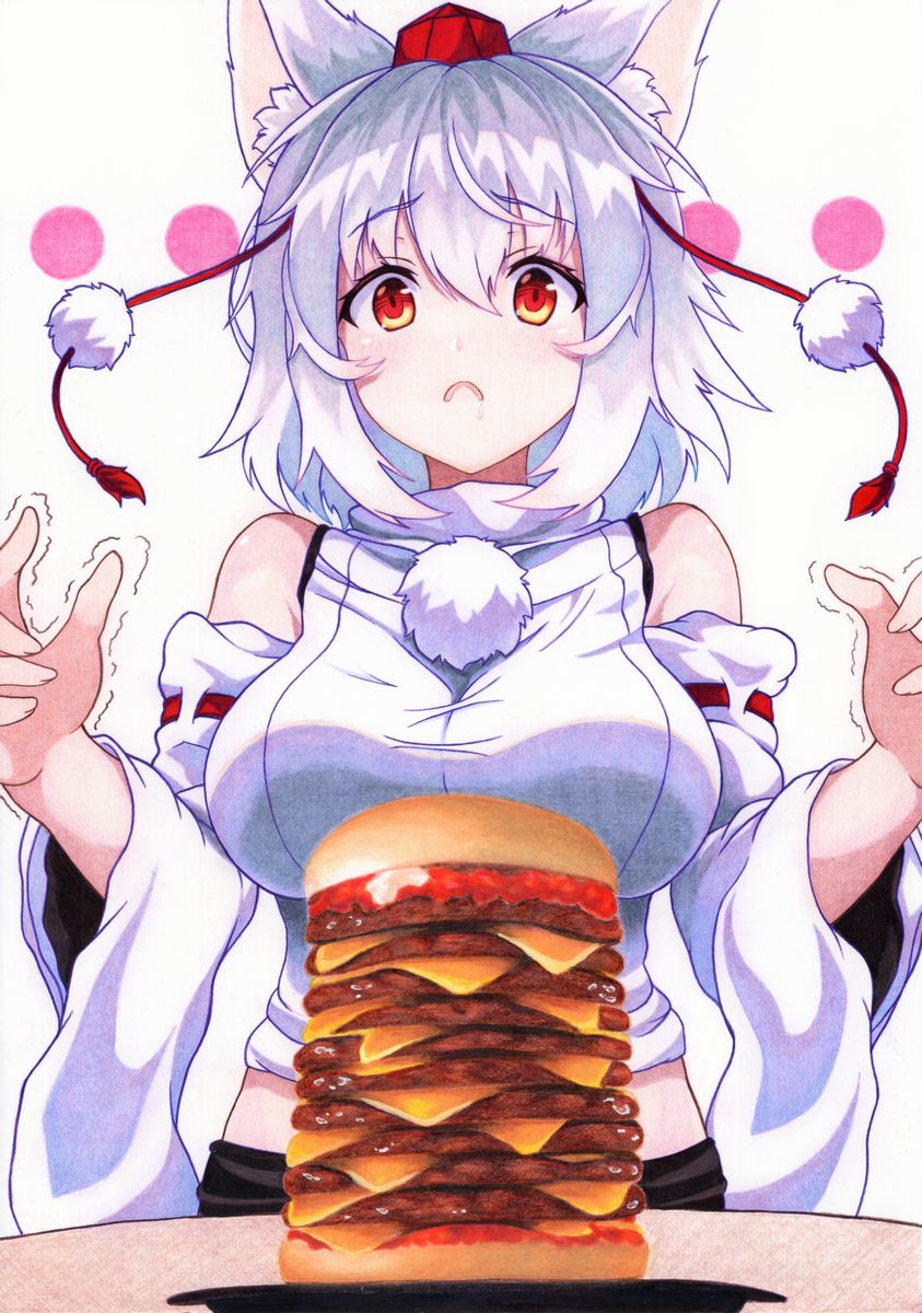 1girl animal_ears bangs bare_shoulders black_skirt blush breasts circle commentary_request detached_sleeves eyebrows_visible_through_hair food hair_between_eyes hamburger hands_up hat highres inubashiri_momiji kittona large_breasts long_sleeves looking_at_viewer midriff open_mouth plate pom_pom_(clothes) red_eyes ribbon-trimmed_sleeves ribbon_trim shirt silver_hair simple_background skirt solo table tassel tokin_hat touhou traditional_media trembling turtleneck upper_body white_background white_shirt wide_sleeves wolf_ears