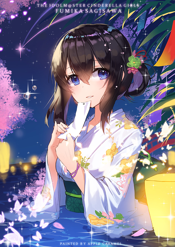 1girl apple_caramel bangs black_hair bridge character_name cherry_blossoms commentary_request copyright_name eyebrows_visible_through_hair flower green_flower hair_between_eyes hair_flower hair_ornament hands_up head_tilt holding horizon idolmaster idolmaster_cinderella_girls idolmaster_cinderella_girls_starlight_stage japanese_clothes kimono long_sleeves looking_at_viewer night night_sky obi ocean parted_lips partially_submerged petals pink_flower red_flower sagisawa_fumika sash sidelocks sky smile solo star_(sky) starry_sky water white_kimono wide_sleeves