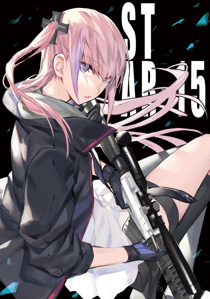 1girl ar-15 black_background blue_eyes character_name eyebrows_visible_through_hair fingerless_gloves from_behind girls_frontline gloves gradient_hair gun hair_ornament long_hair looking_at_viewer multicolored_hair noy one_side_up parted_lips pink_hair purple_hair rifle school_uniform side_ponytail sidelocks single_thighhigh sitting solo st_ar-15_(girls_frontline) streaked_hair thigh-highs thigh_strap weapon