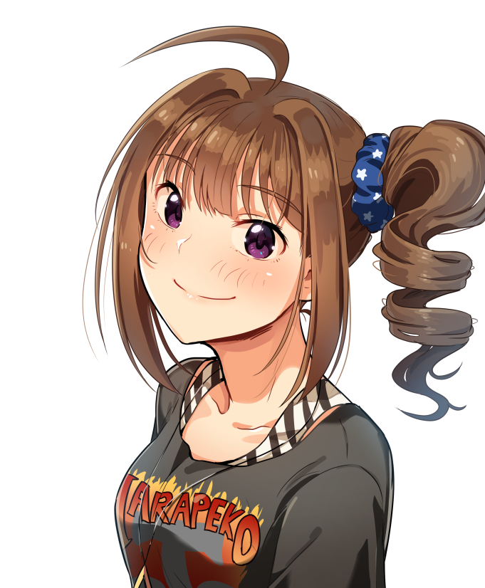 1girl blush bra_strap breasts brown_hair closed_mouth collarbone drill_hair eyebrows_visible_through_hair idolmaster idolmaster_million_live! idolmaster_million_live!_theater_days jewelry kamille_(vcx68) large_breasts looking_at_viewer necklace scrunchie short_hair side_drill smile solo star star_necklace upper_body violet_eyes yokoyama_nao