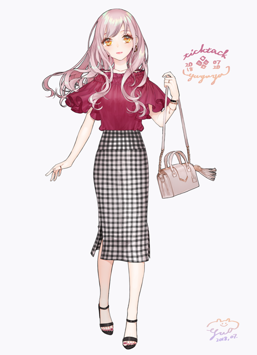 1girl 2018 ankle_strap artist_name bag bracelet brown_eyes dated full_body grey_background hand_up holding holding_bag jewelry july long_hair long_skirt nail_polish necklace original pink_hair plaid plaid_skirt red_nails red_shirt ring sandals shirt shoulder_bag side_slit signature simple_background skirt smile solo thumb_ring toenail_polish walking yua_(tick-tack)