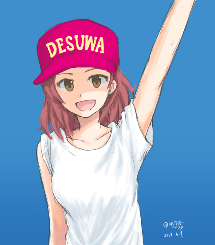 1girl :d arm_up baseball_cap blue_background brown_eyes casual catchphrase clothes_writing commentary dated girls_und_panzer hat looking_at_viewer mutsu_(layergreen) open_mouth pink_hat redhead romaji rosehip shirt short_hair simple_background sleeves_rolled_up smile solo standing t-shirt twitter_username upper_body waving white_shirt