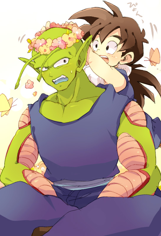 2boys :d annoyed black_eyes black_hair bug butterfly chikiko_(chiki2424) dragon_ball dragonball_z embarrassed flower happy head_wreath insect long_hair looking_at_another looking_back male_focus multiple_boys open_mouth piccolo pink_flower pointy_ears shirt simple_background sitting sleeveless sleeveless_shirt smile son_gohan sweatdrop teeth white_background yellow_flower