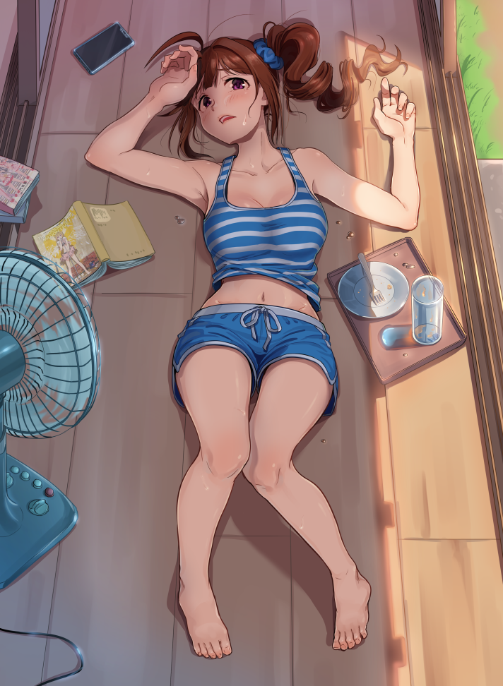 1girl ahoge barefoot blush book breasts brown_hair cellphone cleavage collarbone cup day drill_hair drinking_glass electric_fan fork idolmaster idolmaster_million_live! kamille_(vcx68) large_breasts looking_away navel open_book open_mouth outdoors phone plate short_hair side_drill smartphone solo sweat teeth thick_thighs thighs tray violet_eyes yokoyama_nao