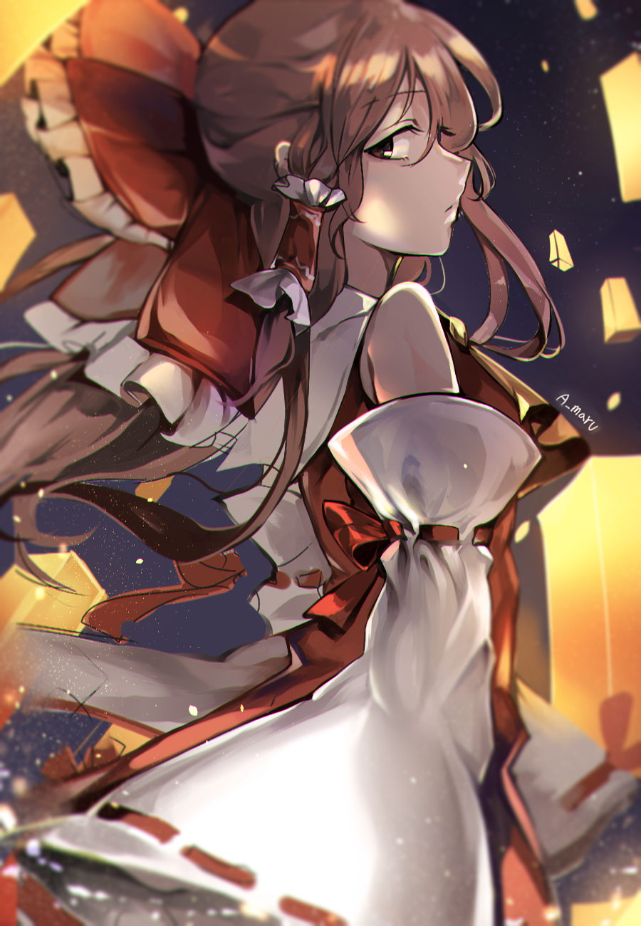 1girl bow brown_eyes brown_hair detached_sleeves dress floating_hair from_side hair_bow hair_tubes hakurei_reimu highres long_hair looking_at_viewer looking_to_the_side red_bow red_dress ribbon-trimmed_sleeves ribbon_trim solo touhou unity_(ekvmsp02)