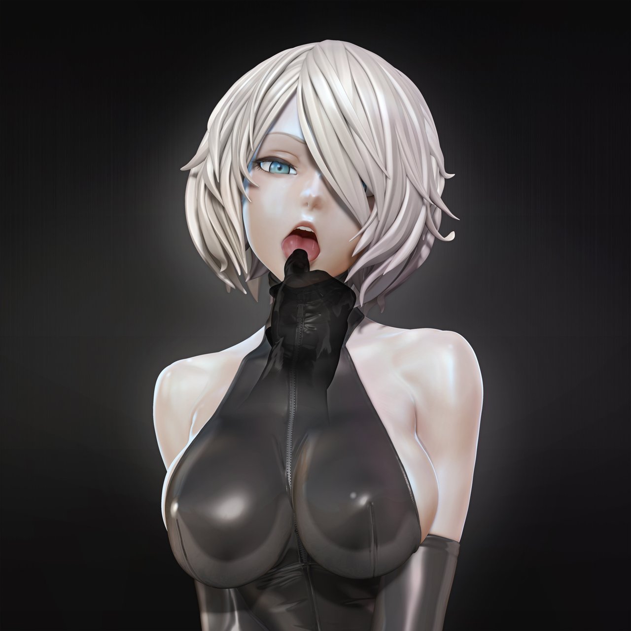1girl 3d black_gloves black_leotard blue_eyes breasts covered_eyes elbow_gloves gloves hair_over_one_eye highres large_breasts leotard leslyzerosix nier_(series) nier_automata no_blindfold open_mouth solo upper_body white_hair yorha_no._2_type_b zipper