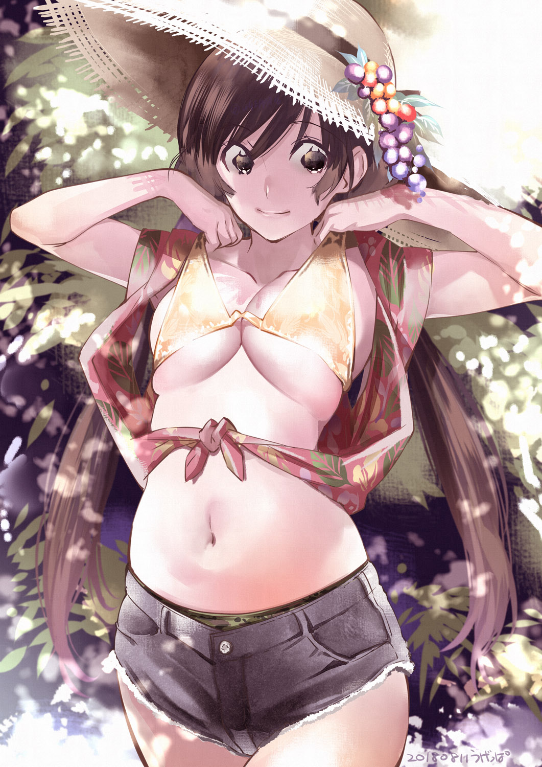 1girl arms_up bikini_lift breasts brown_eyes brown_hair camouflage camouflage_panties closed_mouth commentary_request cutoffs dated day denim denim_shorts eyebrows_visible_through_hair hat highres lifted_by_self long_hair long_sleeves looking_at_viewer medium_breasts navel original outdoors panties panty_peek short_shorts shorts smile solo standing straw_hat twintails ugeppa underwear very_long_hair yellow_bikini_top