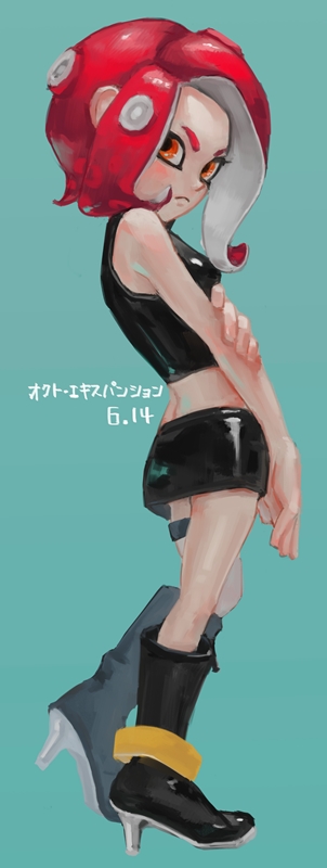 1girl act_(a_moso) agent_8 bare_arms bare_shoulders black_footwear black_skirt boots closed_mouth frown full_body hand_on_own_arm high_heel_boots high_heels long_hair looking_at_viewer miniskirt octarian octoling orange_eyes redhead skirt sleeveless solo splatoon splatoon_2 splatoon_2:_octo_expansion standing suction_cups tentacle_hair