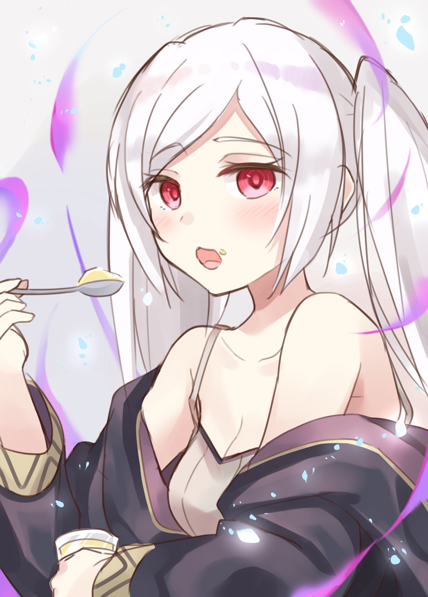 1girl bare_shoulders blush coat cup drinking_glass eating eyebrows_visible_through_hair female_my_unit_(fire_emblem:_kakusei) fire_emblem fire_emblem:_kakusei fire_emblem_heroes food food_on_face highres looking_at_viewer my_unit_(fire_emblem:_kakusei) open_mouth red_eyes shiyo_yoyoyo spoon twintails white_hair