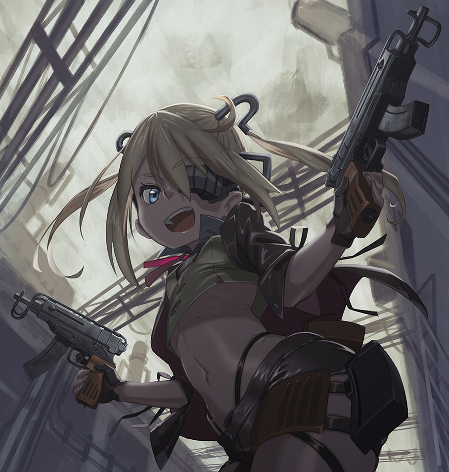 belt_pouch bike_shorts blue_eyes building_block dark_sky dual_wielding eyepatch girls_frontline gloves gun hair_ornament hironii_(hirofactory) holding jacket looking_at_viewer looking_down namesake navel open_mouth pouch submachine_gun trigger_discipline twintails vz.61_(girls_frontline) weapon wire