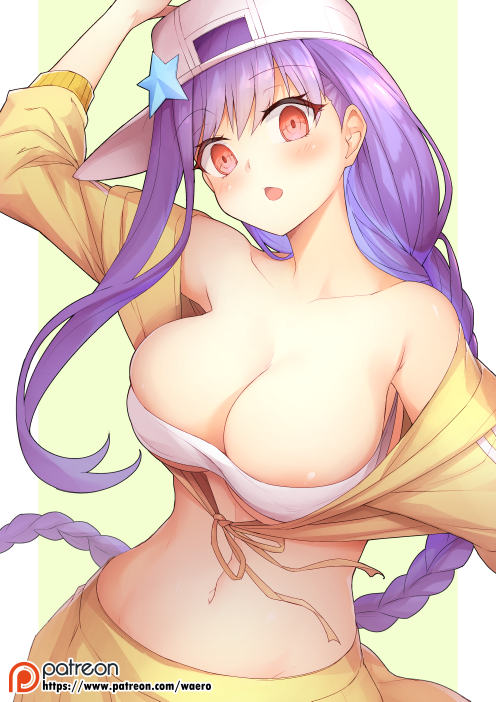 1girl arm_up bandeau bare_shoulders bb_(fate/extra_ccc) braid breasts collarbone empty_eyes eyebrows_visible_through_hair fate/grand_order fate_(series) flat_cap hat large_breasts long_hair navel nishino_(waero) open_mouth patreon_logo patreon_username purple_hair red_eyes sideways_hat simple_background solo star stomach upper_body very_long_hair white_hat