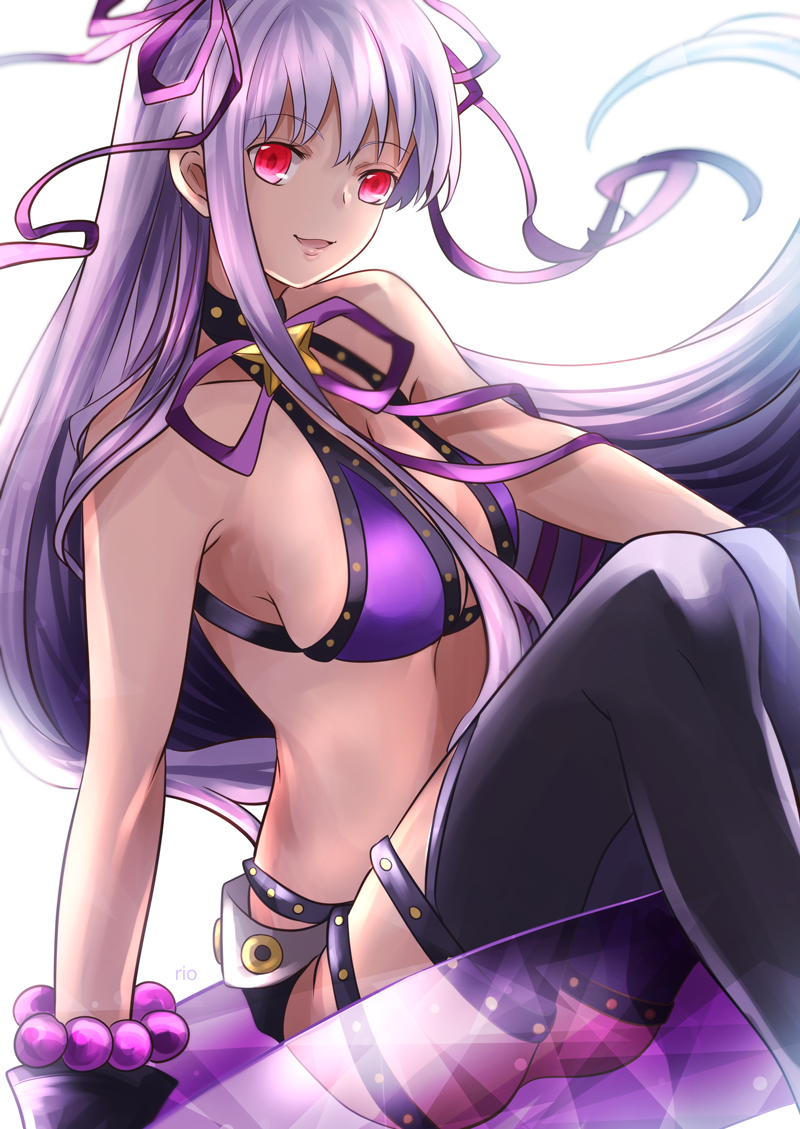 1girl bare_shoulders bb_(fate/extra_ccc) bikini breasts cleavage fate/extra fate/extra_ccc fate/grand_order fate_(series) gyaru lavender_hair long_hair open_mouth purple_bikini purple_ribbon red_eyes ribbon rio_(e2759) sitting solo star swimsuit tan thigh-highs very_long_hair white_background