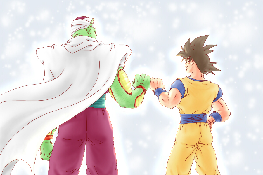 2boys ^_^ black_hair blue_background cape closed_eyes closed_eyes cowboy_shot dougi dragon_ball dragonball_z facing_away fist_bump gradient gradient_background happy height_difference male_focus multiple_boys piccolo pointy_ears profile short_hair simple_background smile son_gokuu spiky_hair turban upper_body white_background wristband