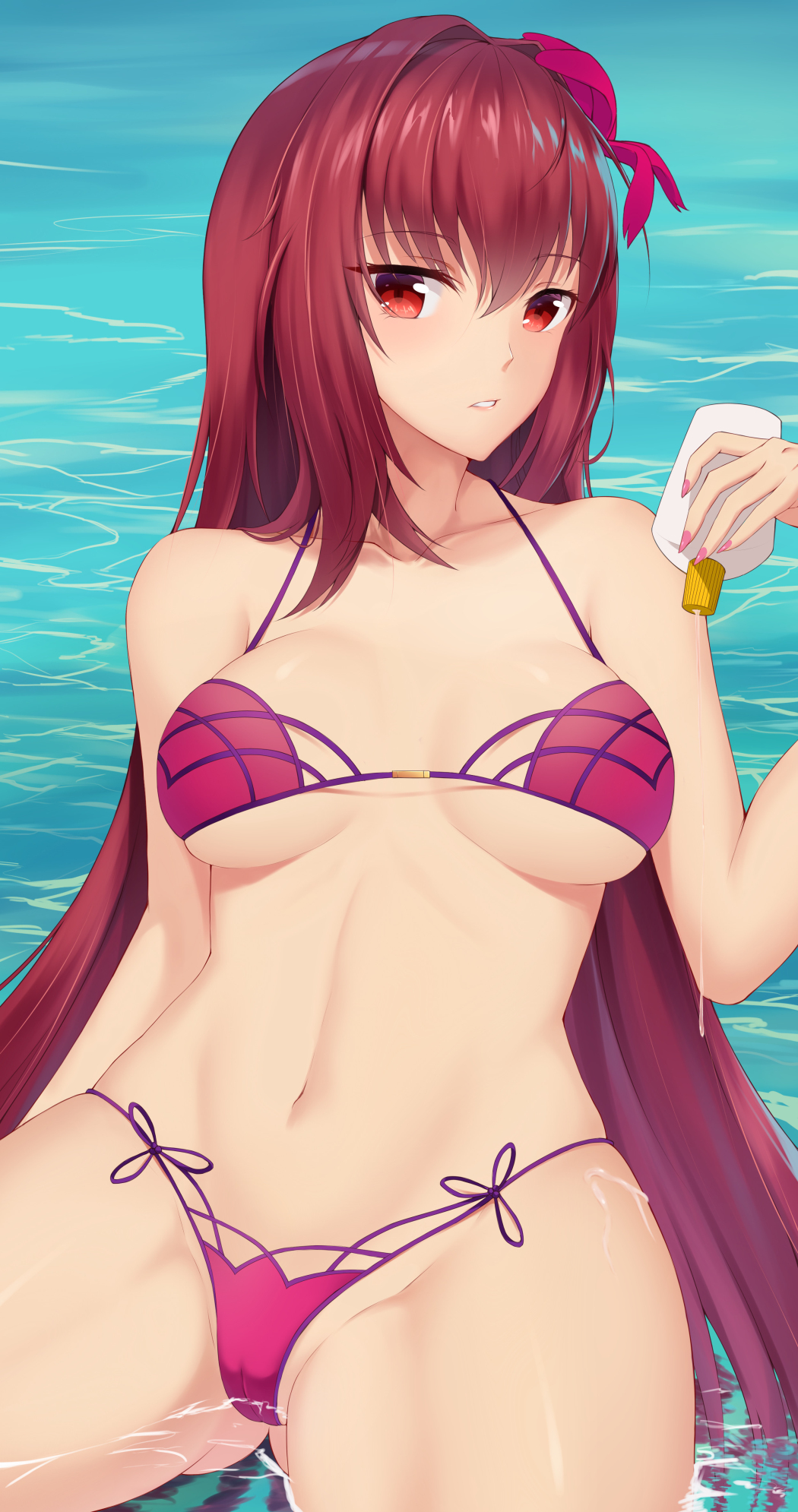 1girl bangs bikini breasts chinese_commentary cleavage collarbone commentary_request cowboy_shot eyebrows_visible_through_hair fate/grand_order fate_(series) feng_mouren flower gluteal_fold hair_flower hair_intakes hair_ornament hibiscus highres large_breasts long_hair lotion lotion_bottle nail_polish navel ocean partially_submerged purple_bikini purple_hair red_eyes red_nails scathach_(fate)_(all) scathach_(fate/grand_order) scathach_(swimsuit_assassin)_(fate) swimsuit