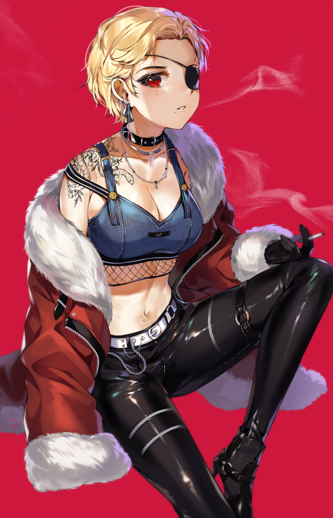 1girl bandage bangs belt black_gloves blonde_hair boots breasts choker cigarette cleavage commentary_request eyepatch fur_trim gijang gloves halter_top halterneck holding holding_cigarette jacket jewelry large_breasts leather leather_boots leather_pants midriff mole mole_under_mouth navel navel_piercing necklace open_clothes open_jacket original pants parted_bangs parted_lips piercing red_eyes red_jacket short_hair smoking tattoo