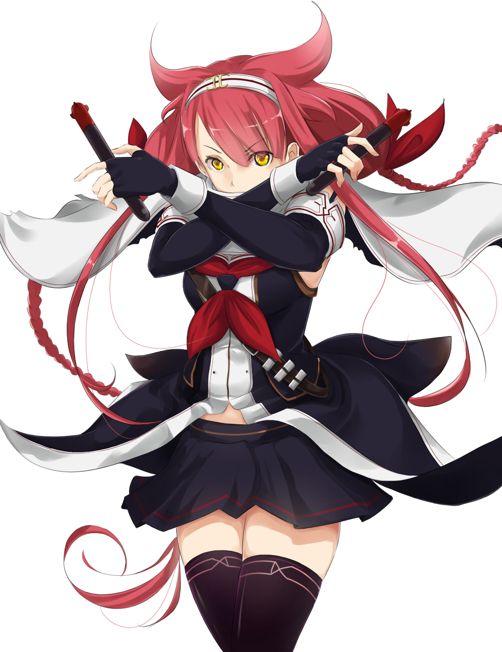 1girl black_gloves black_legwear black_skirt braid capelet cowboy_shot elbow_gloves eyebrows_visible_through_hair fingerless_gloves floating_hair gloves hair_between_eyes hairband highres holding holding_torpedo kantai_collection kawakaze_(kantai_collection) long_hair miniskirt neckerchief pleated_skirt red_neckwear redhead saruno_(eyesonly712) simple_background skirt solo thigh-highs torpedo very_long_hair white_background white_capelet white_hairband yellow_eyes zettai_ryouiki