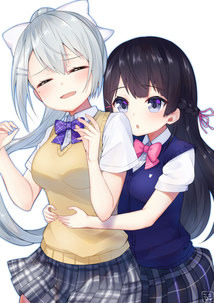 2girls :o bangs black_hair blush bow braid breasts closed_eyes collared_shirt commentary_request dress_shirt eyebrows_visible_through_hair facing_viewer fingernails grey_legwear hair_between_eyes hair_ribbon hands_on_another's_stomach hands_up high_ponytail highres higuchi_kaede koko_ne_(user_fpm6842) long_hair medium_breasts multiple_girls nijisanji parted_lips pink_bow pink_ribbon plaid plaid_skirt pleated_skirt ponytail purple_bow ribbon school_uniform shirt short_sleeves signature silver_hair simple_background skirt small_breasts sweater_vest tsukino_mito very_long_hair violet_eyes virtual_youtuber white_background white_shirt