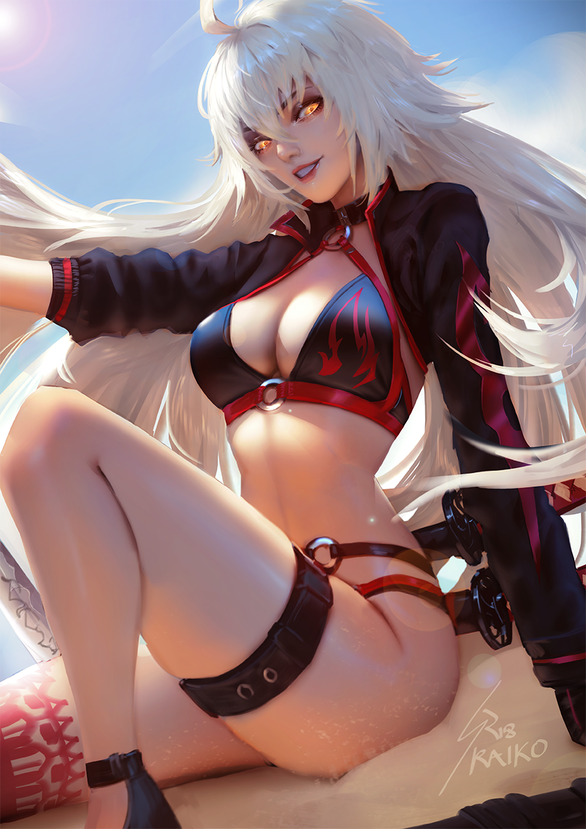 1girl bikini black_bikini black_jacket breasts choker fate/grand_order fate_(series) highres jacket jeanne_d'arc_(alter_swimsuit_berserker) jeanne_d'arc_(fate)_(all) large_breasts long_hair looking_at_viewer o-ring raikoart revision swimsuit thigh_strap yellow_eyes