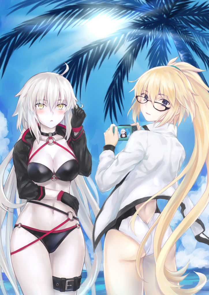 2girls ahoge ass bangs bikini bk201 black-framed_eyewear black_bikini black_gloves blonde_hair blue_sky blush breasts buckle camera collarbone commentary_request competition_swimsuit cowboy_shot day elbow_gloves eyebrows_visible_through_hair fate/grand_order fate_(series) female_ass from_behind glasses gloves grey_hair hair_twirling halterneck hand_up high_ponytail holding holding_camera jacket jeanne_d'arc_(alter_swimsuit_berserker) jeanne_d'arc_(swimsuit_archer) light_rays long_hair long_sleeves multiple_girls navel o-ring o-ring_bikini o-ring_top ocean one-piece_swimsuit outdoors pale_skin palm_tree parted_lips short_hair sky sun sunbeam sunlight swimsuit taking_picture thigh_strap track_jacket tree very_long_hair water white_jacket white_swimsuit yellow_eyes