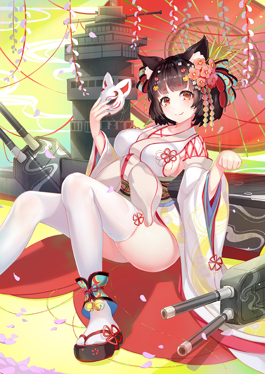 1girl animal_ears asanogawa_(tutufcc) azur_lane bell black_footwear blue_nails blush bow breasts brown_hair cannon cat_ears closed_mouth commentary_request fingernails flower fox_mask hair_bow hair_flower hair_ornament hands_up head_tilt highres holding holding_mask japanese_clothes jingle_bell kimono large_breasts long_sleeves looking_at_viewer mask mask_removed nail_polish obi oriental_umbrella paw_pose pink_flower red_eyes red_umbrella sash short_hair sideboob sitting smile solo thigh-highs turret umbrella white_kimono white_legwear wide_sleeves yamashiro_(azur_lane) zouri