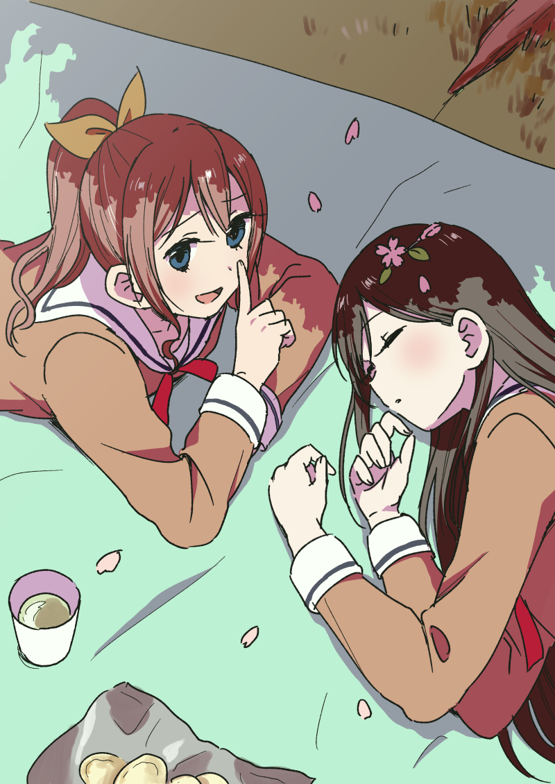 2girls :d bang_dream! bangs black_hair blanket blue_eyes brown_dress brown_hair cherry_blossoms closed_eyes cup dress drinking_glass flower green_tea hair_flower hair_ornament hanasakigawa_school_uniform hanazono_tae index_finger_raised long_sleeves looking_at_viewer lying multiple_girls murata_(igaratara) on_side on_stomach open_mouth outdoors picnic ponytail sailor_dress sidelocks sleeping smile tea wrapper yamabuki_saaya